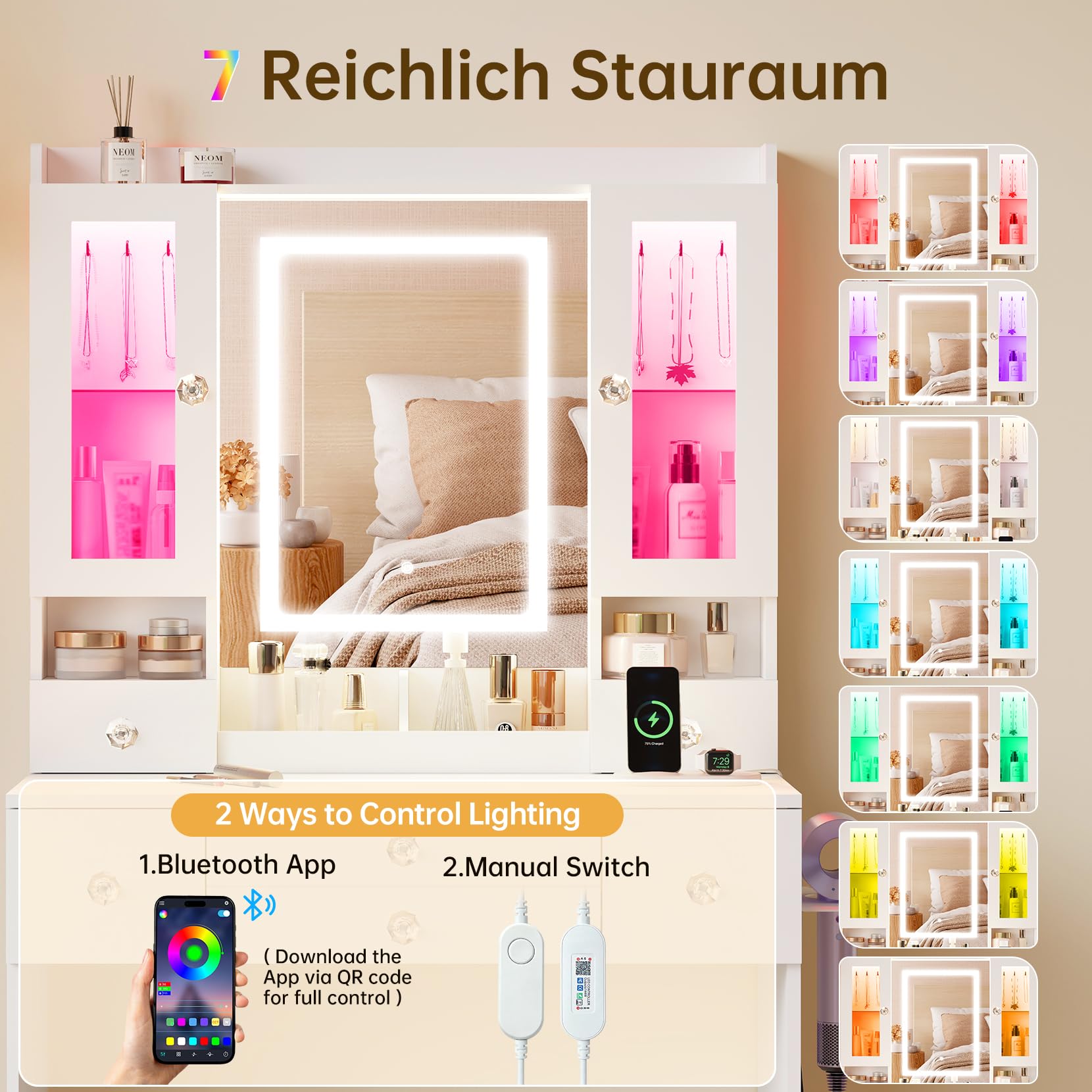 Dripex großer Schminktisch mit Beleuchtung und Steckdosen, Schminktisch mit Spiegel und 2 luxuriösen transparenten Vitrinen mit RGB, Vanity Desk Dressing Table fürs Schlafzimmer, weiß