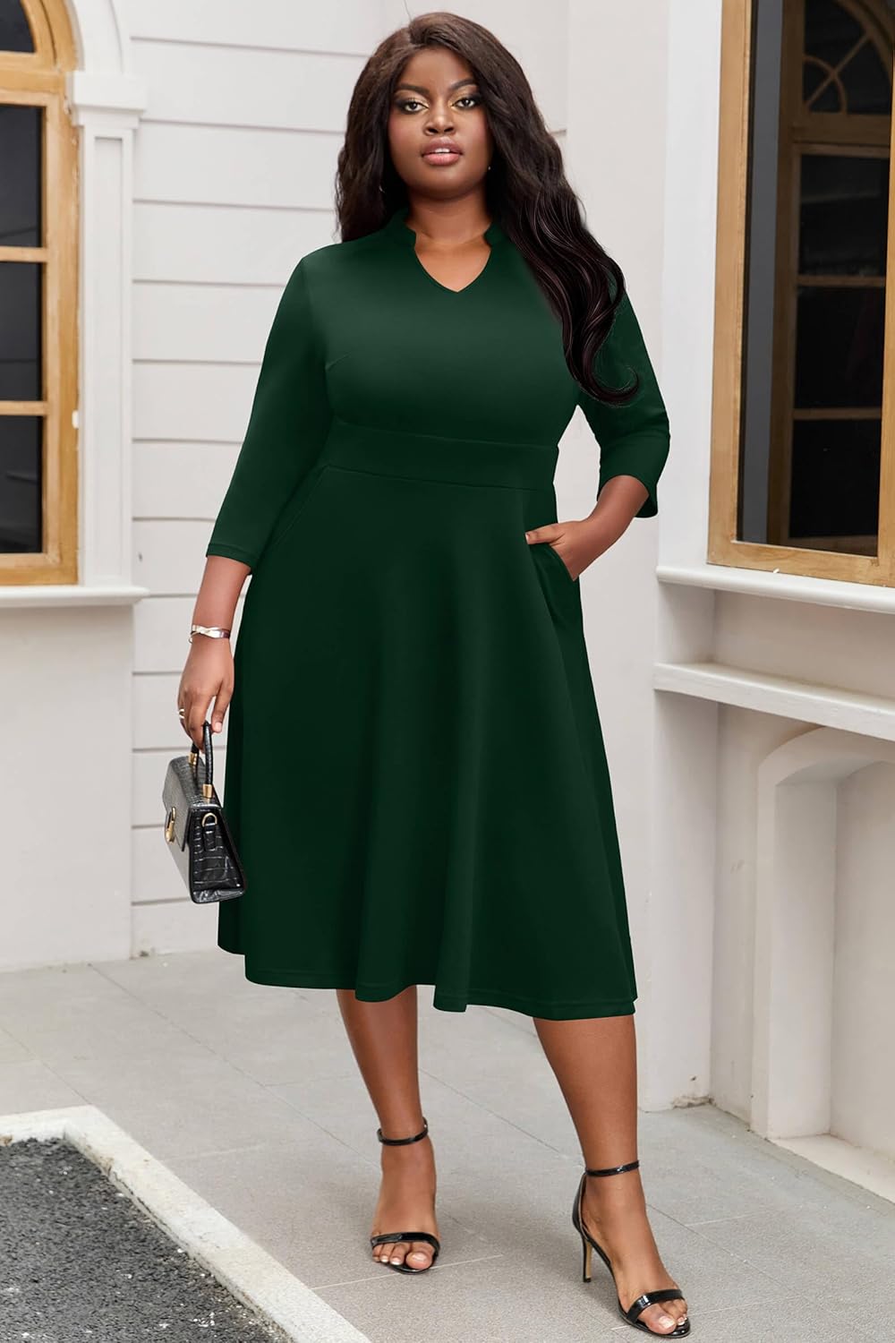 Nmoder Plus Size Dresses for Women - Casual 3/4 Sleeve V Neck Church Midi Dress Wedding Guest Cocktail with Pocket - Image 5