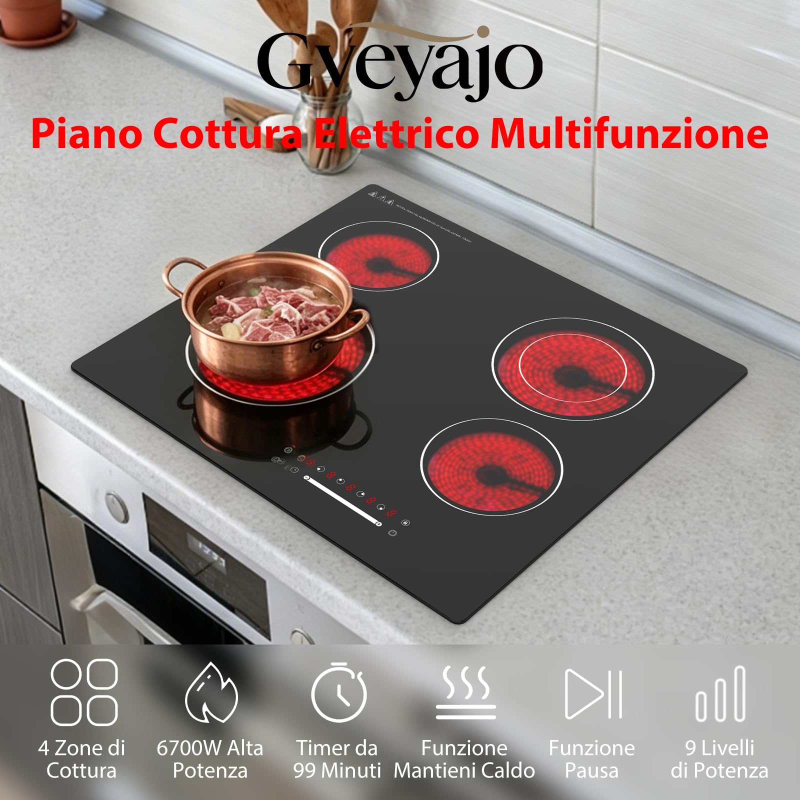 Piano Cottura in Vetroceramica 60 cm, 4 Zone, 6700W, Comandi Touch, Timer, Blocco Bambini, Superficie in Vetro Nero, Compatibile con Tutte le Pentole, Collegamento Fisso