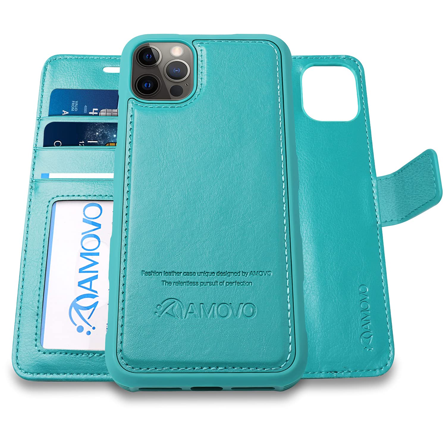 AMOVO Compatible with iPhone 13 Pro Max Case Wallet Leather Magnetic Flip Case with Card Holder [2 in 1] Detachable Case [Wireless Charging][Kickstand][Wrist Strap] (for iPhone 13 Pro Max, Green)