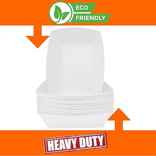 Miniatura 3 de Bandejas de papel para alimentos, botes blancos lisos. Mediano (2.5 libras). Paquete de 50 botes desechables y reciclables. Para condimentos,