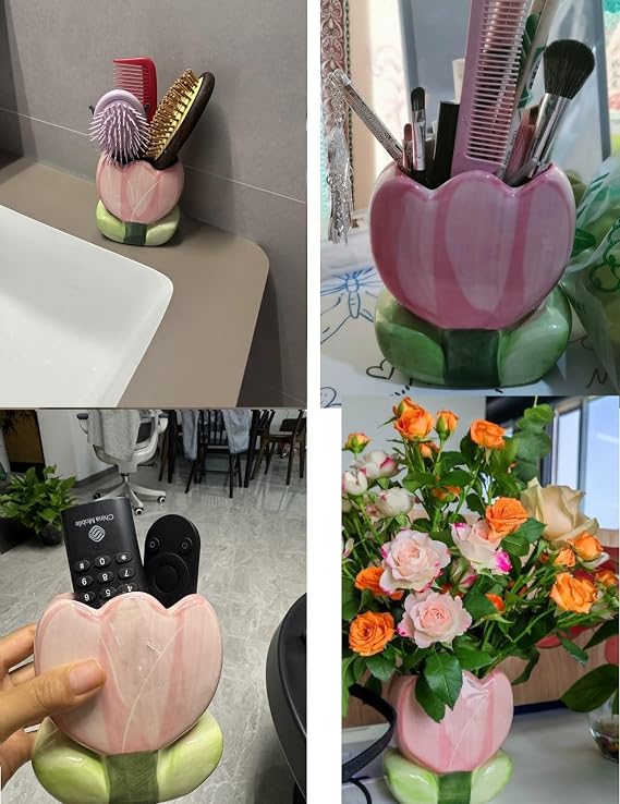 Cute Toothbrush Holder Makeup Brush Pen Holder for Desk, Succulent Planter Flowerpot, Tulips Pencil Organizer for Office Kawaii (Pink)