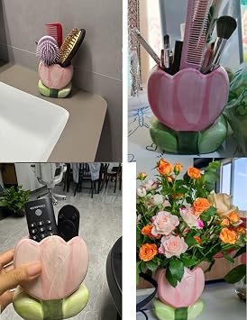Cute Toothbrush Holder Makeup Brush Pen Holder for Desk, Succulent Planter Flowerpot, Tulips Pencil Organizer for Office Kawaii (Pink)