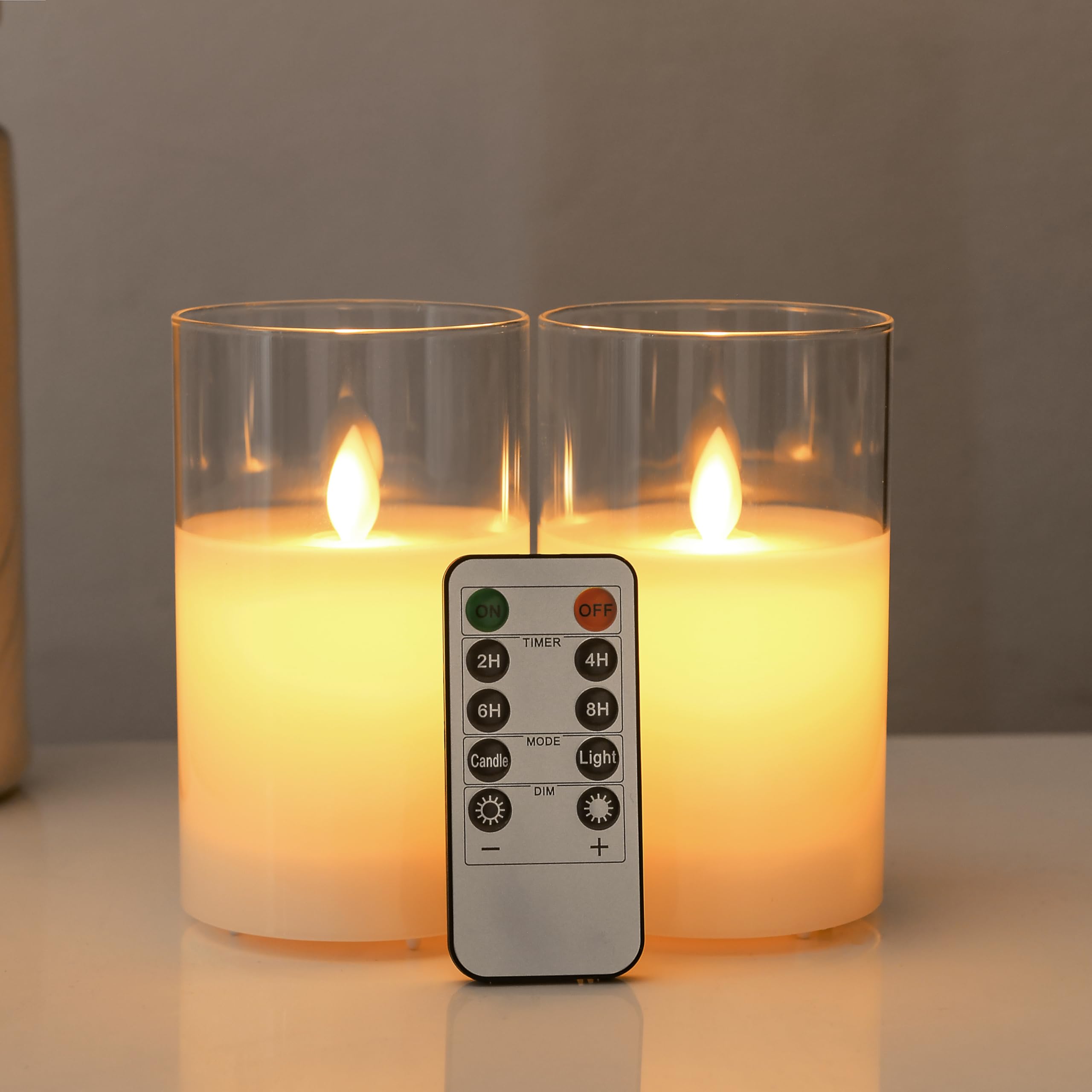 FiiMoo Pack de 2 LED Velas, LED Velas Vidrio Blanco, Velas de a Pilas, Vela LED Efecto Llama, LED Velas con Mando a Distancia y Temporizador, Para Navidad, Pascua, Fiestas, Bodas, Cumpleaños-12.5cm