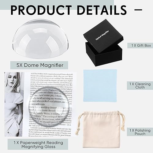 Miniatura 3 de Jetec Lupa de cúpula de cristal de 3.9 pulgadas, lupa de lectura de pisapapeles de deslizamiento 5X, lente óptica de media esfera con caja de