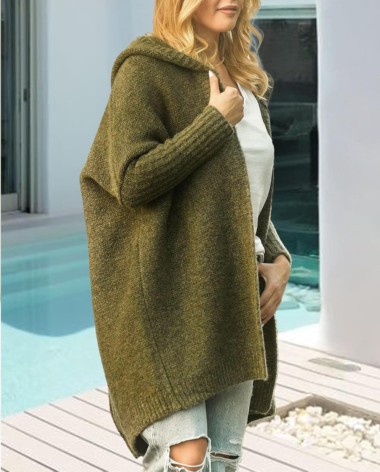 Knitted Hooded Sweater for Womens Casual Open Front Cardigan Winter Sweater Batwing Sleeve Long Sweater Coats - Image 5