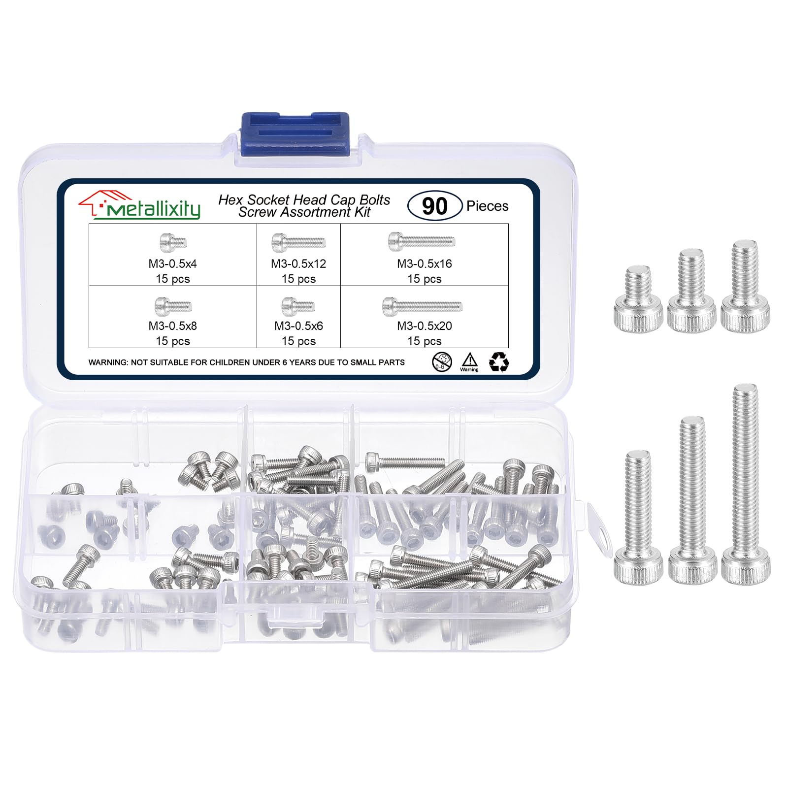 METALLIXITY Socket Head Cap Screws Kit (M3x4/6/8/12/16/20) 90Pcs, Stainless Steel Allen Socket Drive - Machine Internal Hex Screw, Silver โ image 1