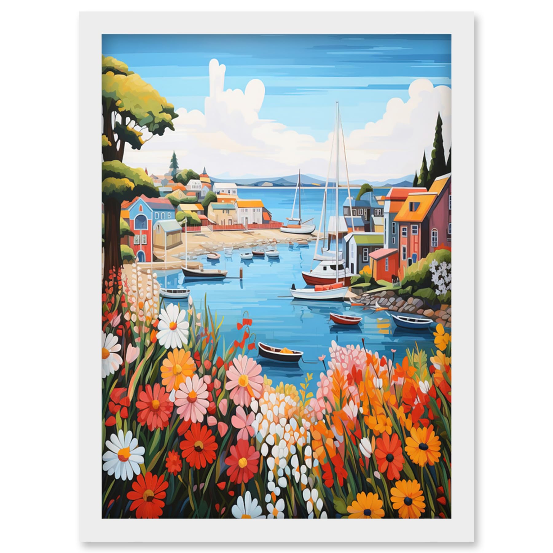 Artery8 Idyllic Scenic Seaside Fishing Village Bright Oil Painting Orange Pink Blue Bathroom Floral Artwork Harbor Bay Boats Coastal Landscape Artwork Framed Wall Art Print A4