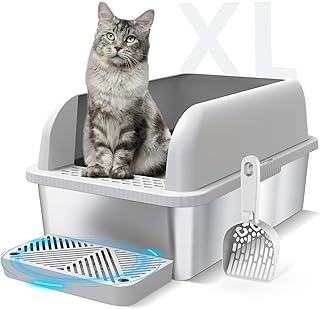 Caja de arena cerrada de acero inoxidable para gatos con tapa, caja de arena extra grande para gatos grandes, bandeja de arena de metal XL con caja de lados de pared alta, antiadherente,