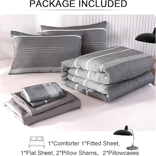 Miniatura 7 de ENJOHOS Juegos de edredón tamaño Queen  Juego de cama Queen de 7 piezas en una bolsa con sábanas, juego de edredón a rayas grises y blancas para
