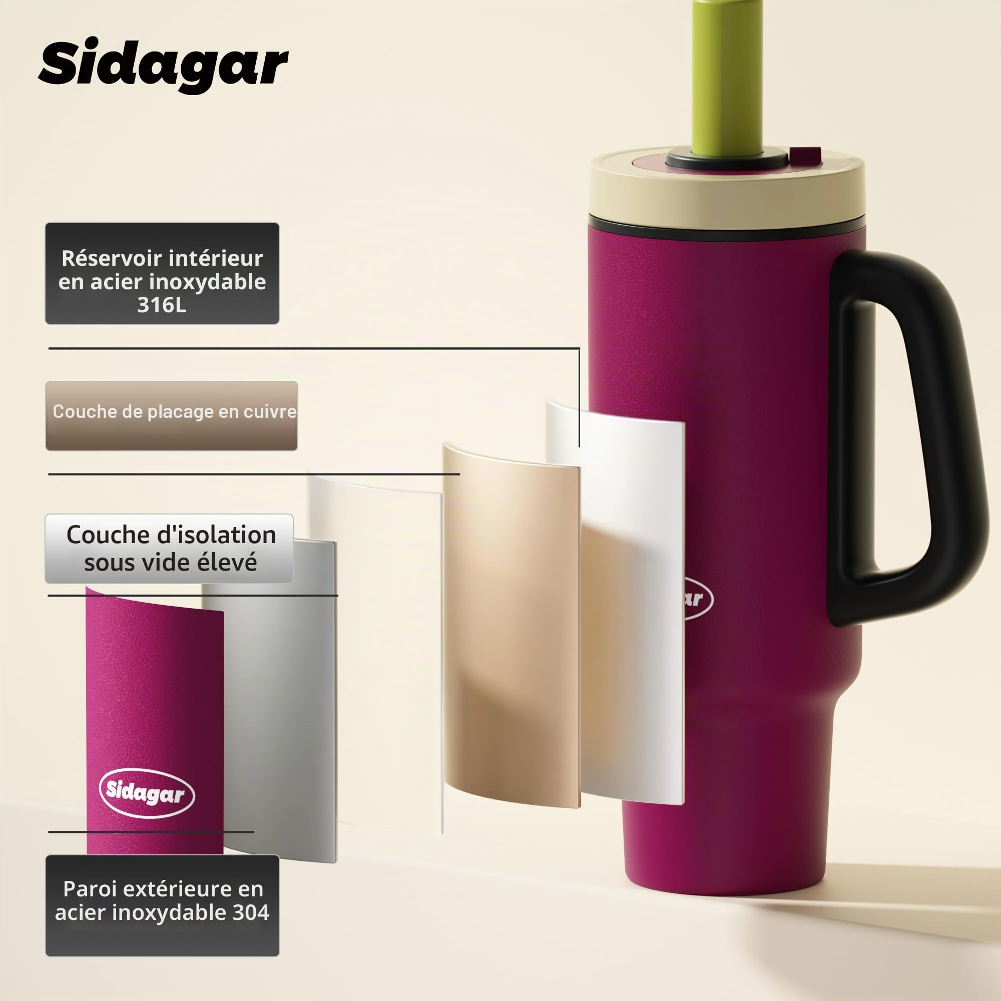 Gourde Isotherme 1,1L avec Paille et Poignée, Mug Isotherme Inox 316L, Bouteille d’Eau Anti Fuite, Thermos Grande Capacité, Compatible Porte-Gobelet, Violet