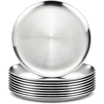 Stainless Steel Plates 20 cm Pack of 9 Metal Plates Made of 201 Stainless Steel Stackable Camping Plates Reusable Dinner Plates for Kitchen Picnic BBQ and Outdoor