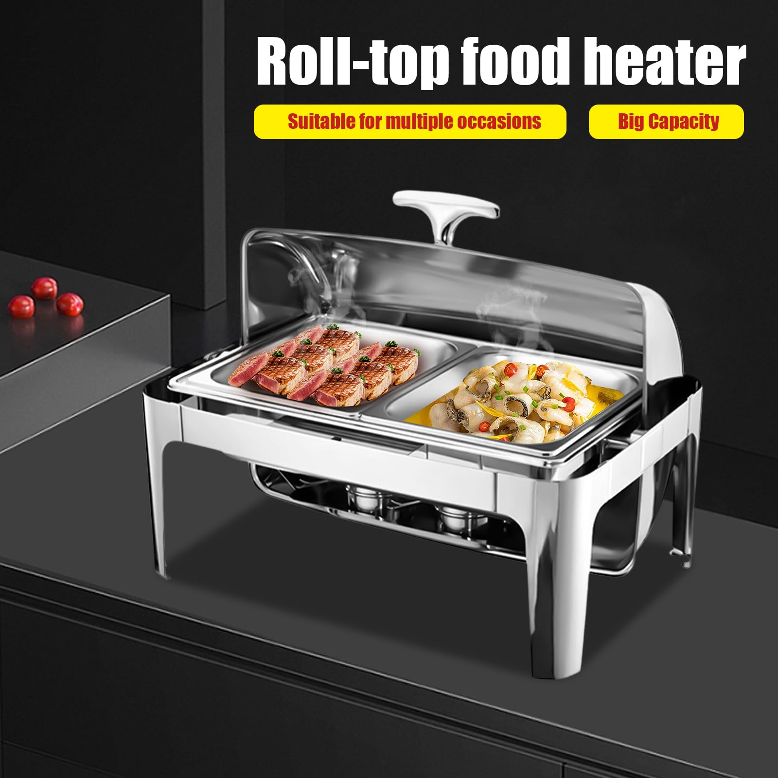 9 l in acciaio inox Chafing Dish | Grande capacità | Rolltop | Buffet & Party | Contenitore per acqua e pasta combustibile