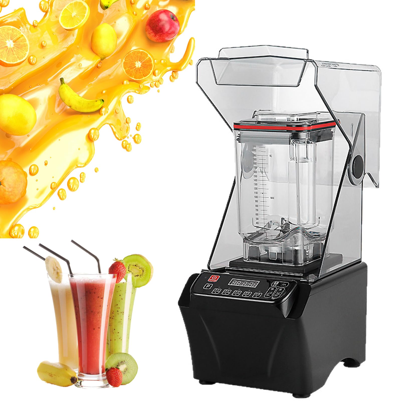 Blender do lodu do mrożonych napojów - 2000W elektryczny blender z dźwiękoszczelną osłoną, inteligentnym panelem, kubkiem 2000 ml do smoothie, orzechów, lodu i owoców