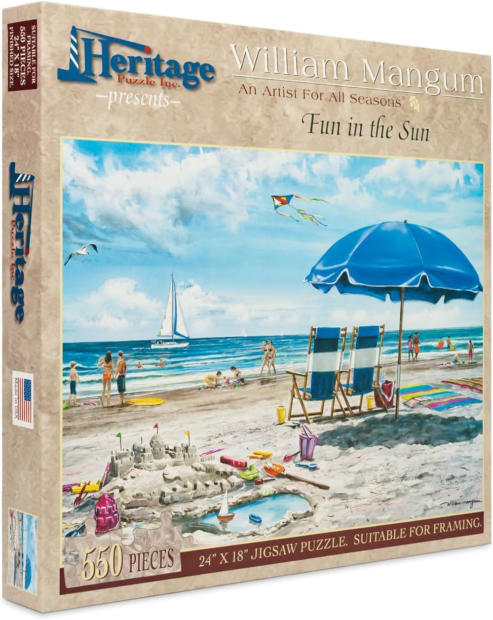Heritage Puzzle - Fun in The Sun by William Mangum - 550 Piece Puzzles for Adults - Scenic Coastal Jigsaw Puzzles - Beach Jigsaw Puzzle - 18" x 24" Finished Size