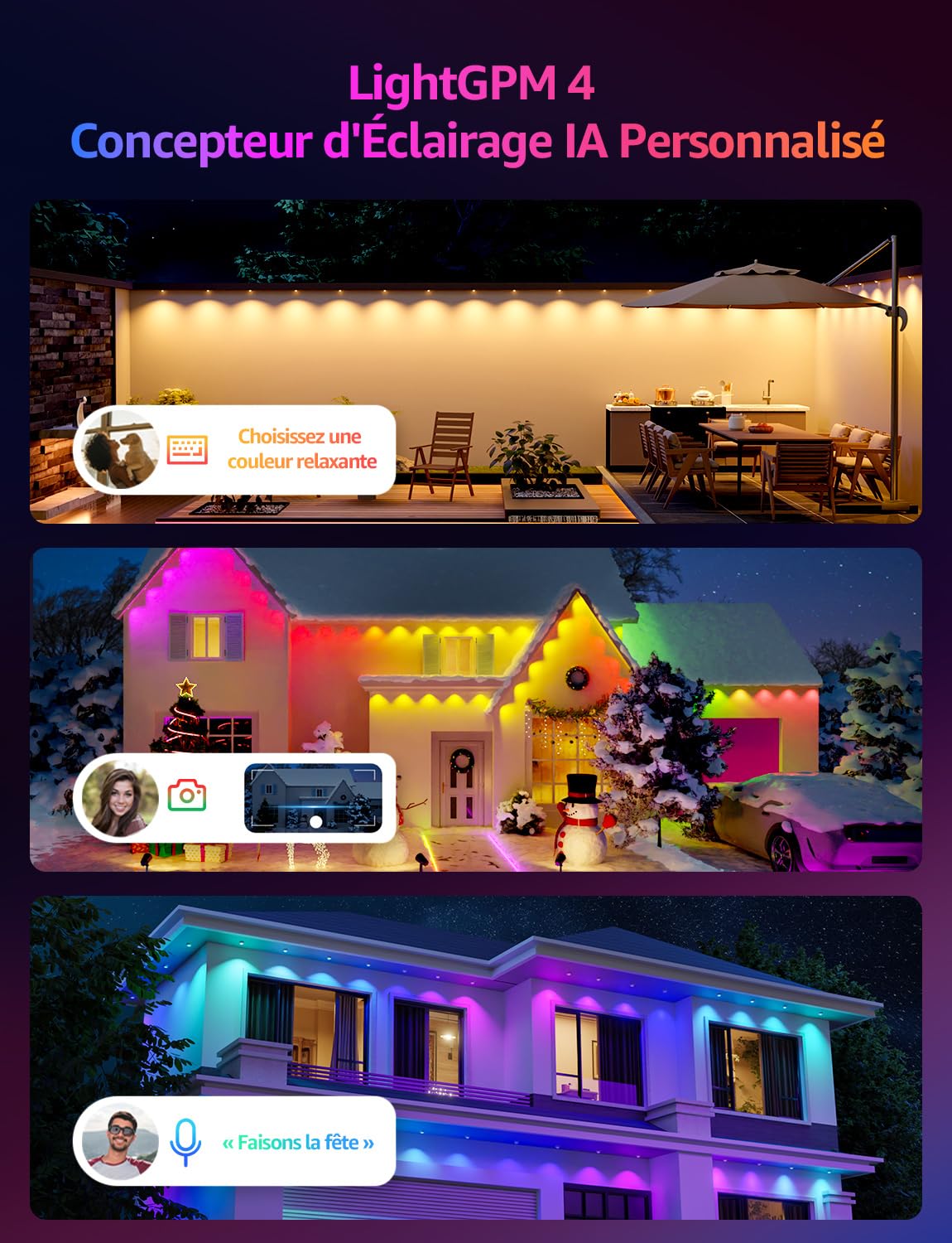 Lepro E1 IA Guirlande Lumineuse Intelligente 15M, Éclairage Extérieur Permanent 30 RGBIC LEDs, Concepteur d'Éclairage IA Personnalisé, Contrôle Vocal Music Sync Compatible avec Alexa Google Assistant