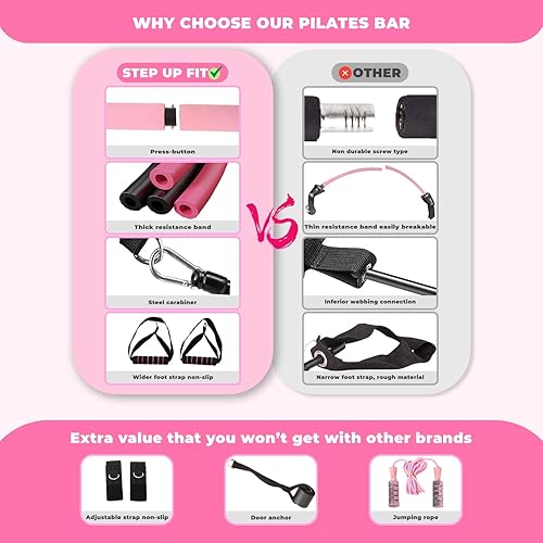Miniatura 7 de Kit de barra de pilates con 6 bandas de resistencia ajustables y cuerda de saltar, barra de yoga y pilates de 3 secciones, bandas, cuerda de saltar,