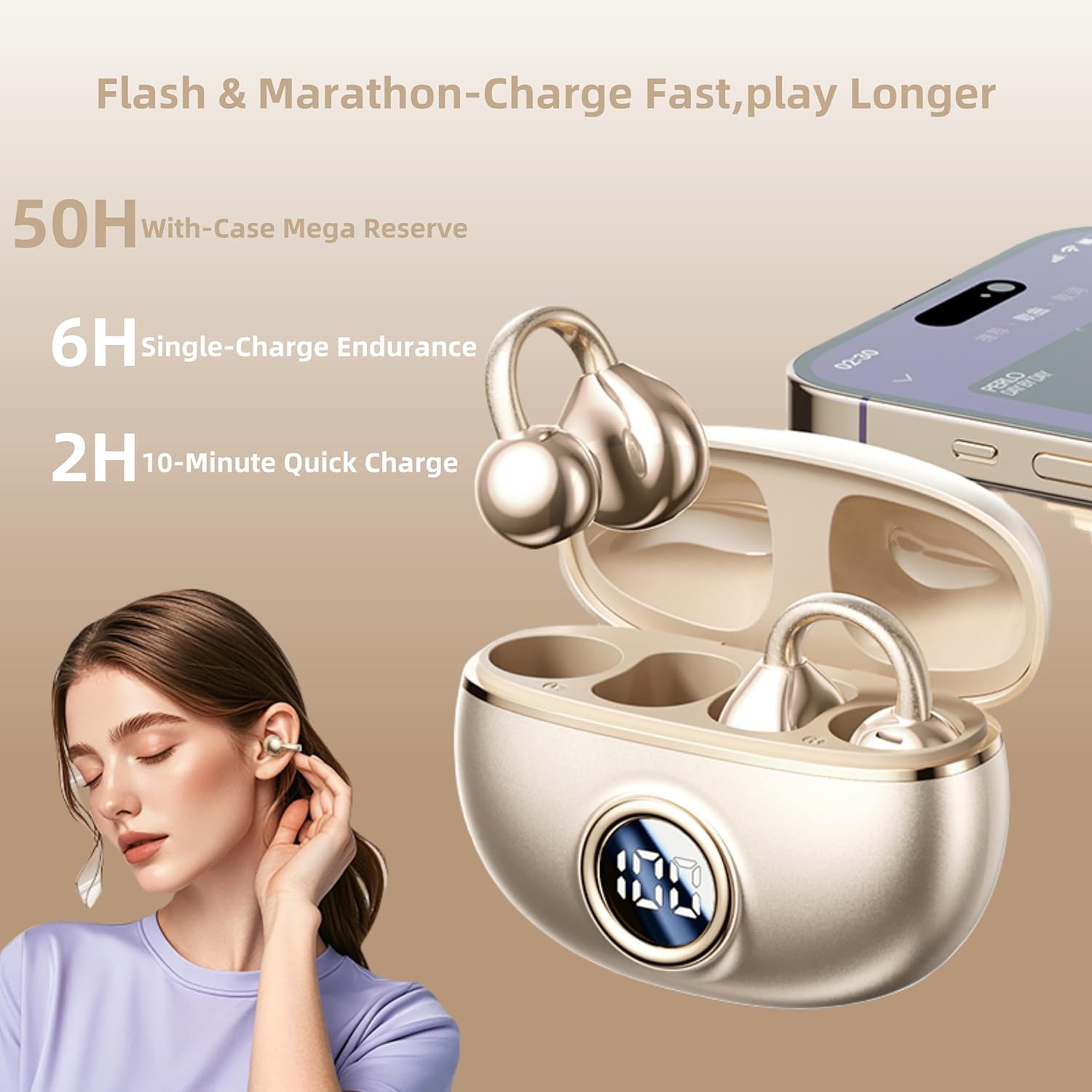 M97 Clip On Earbuds Wireless Bluetooth 5.3, Open Ear Headphones with 50H Battery 10-Min Quick Charge, Featherlight C-Shaped Hook, Secure Fit for Running/Gym, IPX5 Waterproof, Deep Bass(off white) - Image 6