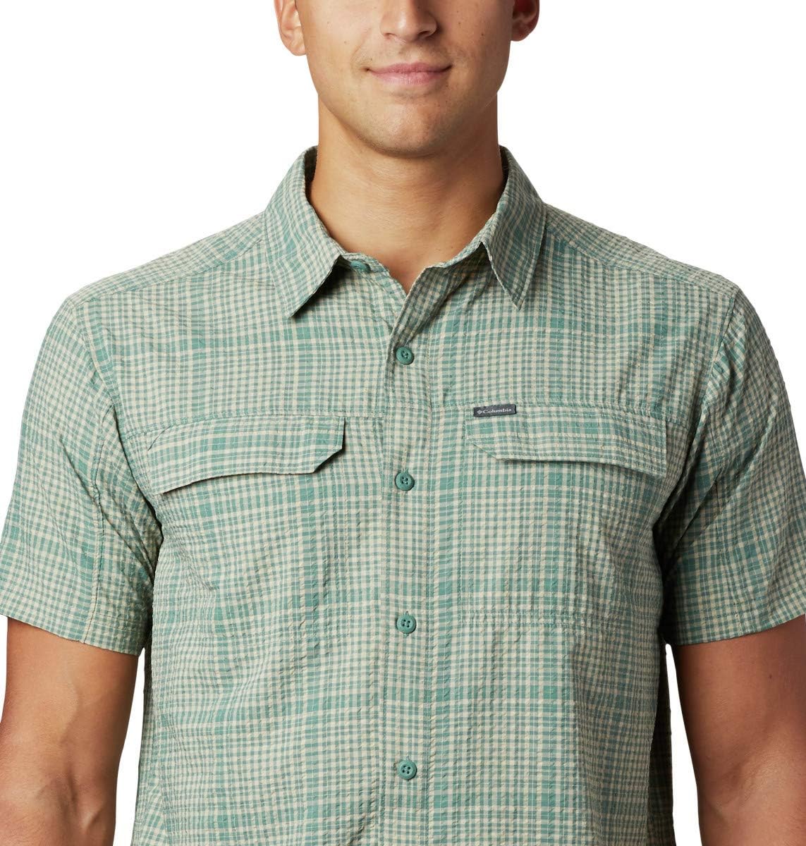 Columbia Men's Silver Ridge SS Seersucker Shirt, Thyme Green Grid Plaid, Large
