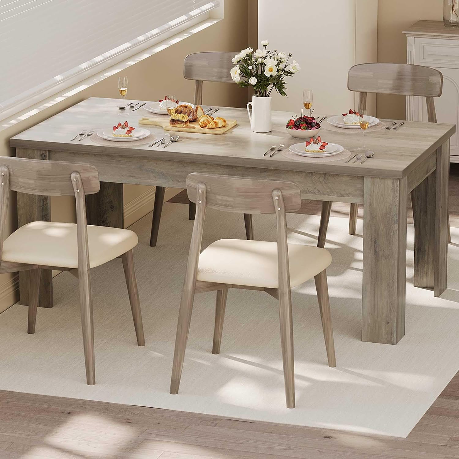 GarveeHome 63 in Dining Table for 4-6, Farmhouse Dinner Kitchen Table for 4 with Large Tabletop, Rectangular Wood Dining Room Table for Kitchen, Living Room, Easy Assembly, Retro Gray