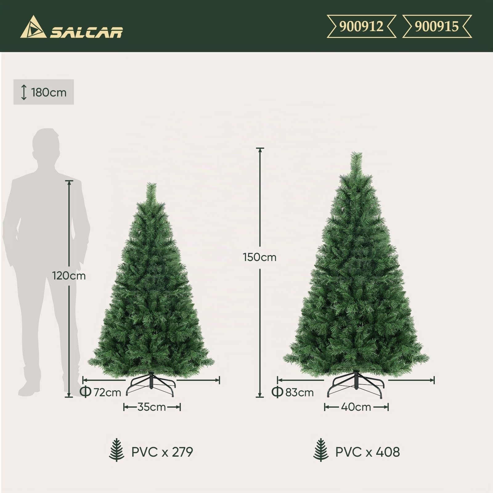 SALCAR Albero di Natale Artificiale 120 cm, Abete di Natale con Guanti e Supporto in Metallo, 279 Punte per Rami, Montaggio Rapido, Ignifugo