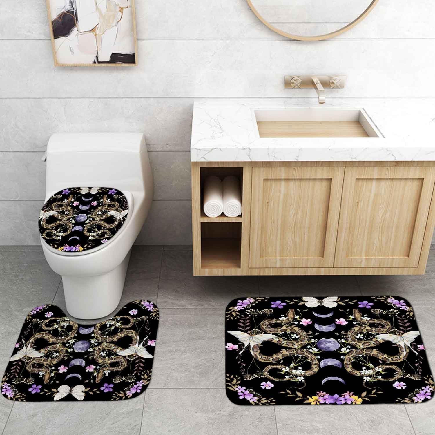 4PCS Snake Shower Curtain Sets With Rugs, Waterproof Fabric Black Shower Curtain, Moon Phase Galaxy Purple Floral Flower Butterfly Plant Botanical Leaves Leaf Moth Gothic Witchy Bathroom Decor