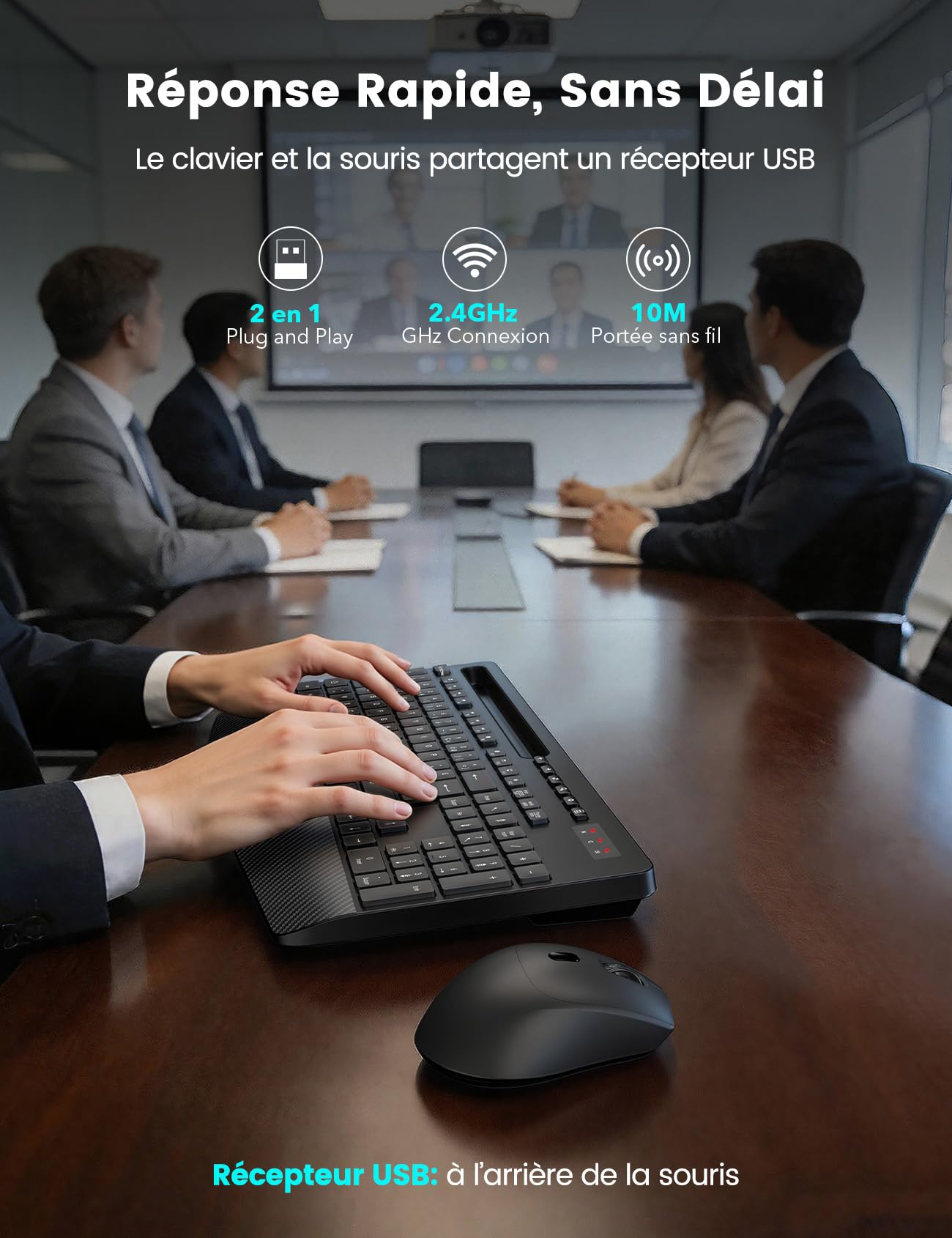Ensemble Clavier et Souris sans Fil, Ergonomique Pleine Taille Clavier avec Repose-Poignet, Support, Mode Veille, 2,4 GHz Silencieux Clavier Souris pour Windows, PC, Laptop, AZERTY-KM23 (Noir)