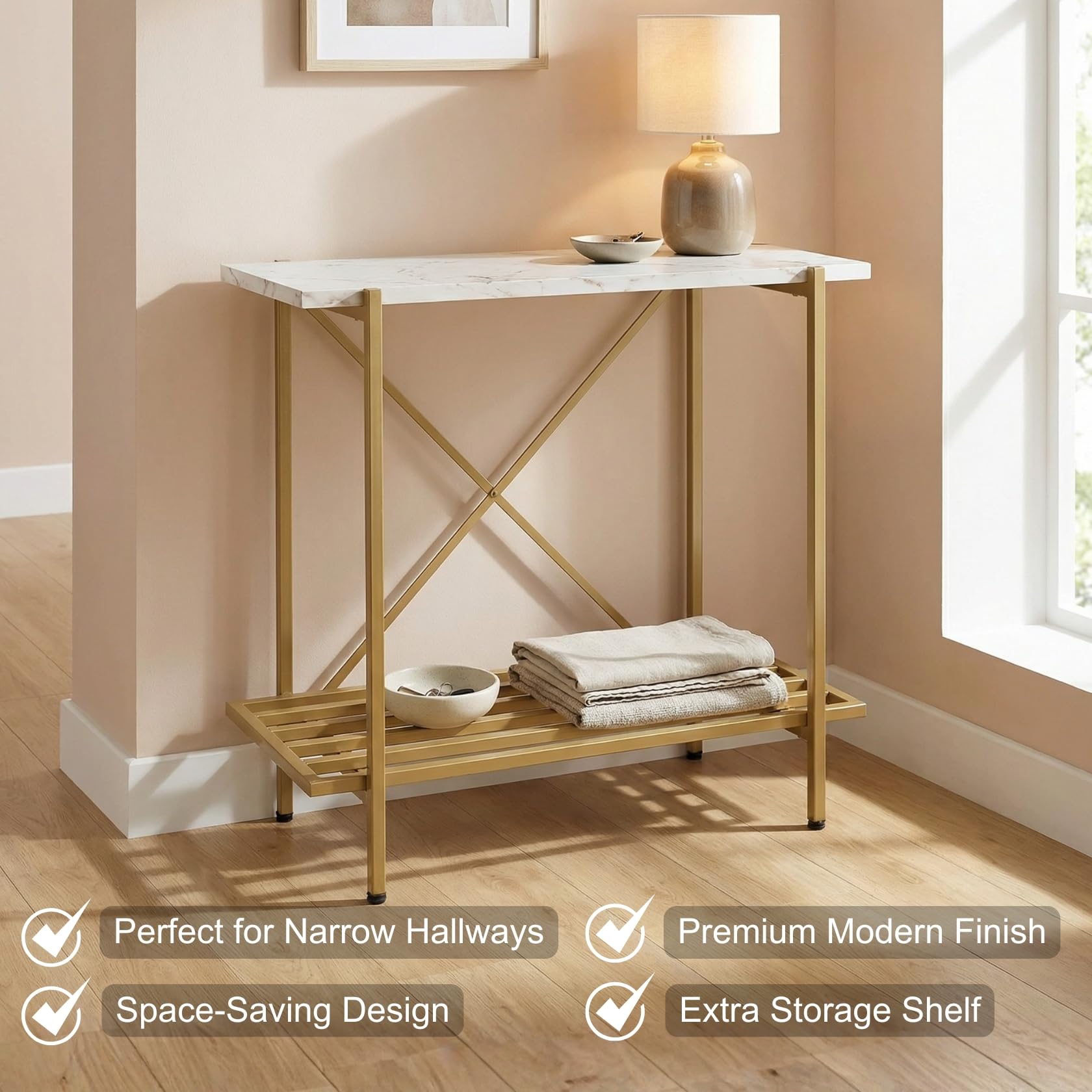 ecofynd 26 Inch 2 Tier Console Table, Metal with Engineered Wooden top for Long Narrow Hallway, Entryway, Living Room, Dining Room, Office, Home Side Table Storage Shelves (WHTGO, CT005) 2