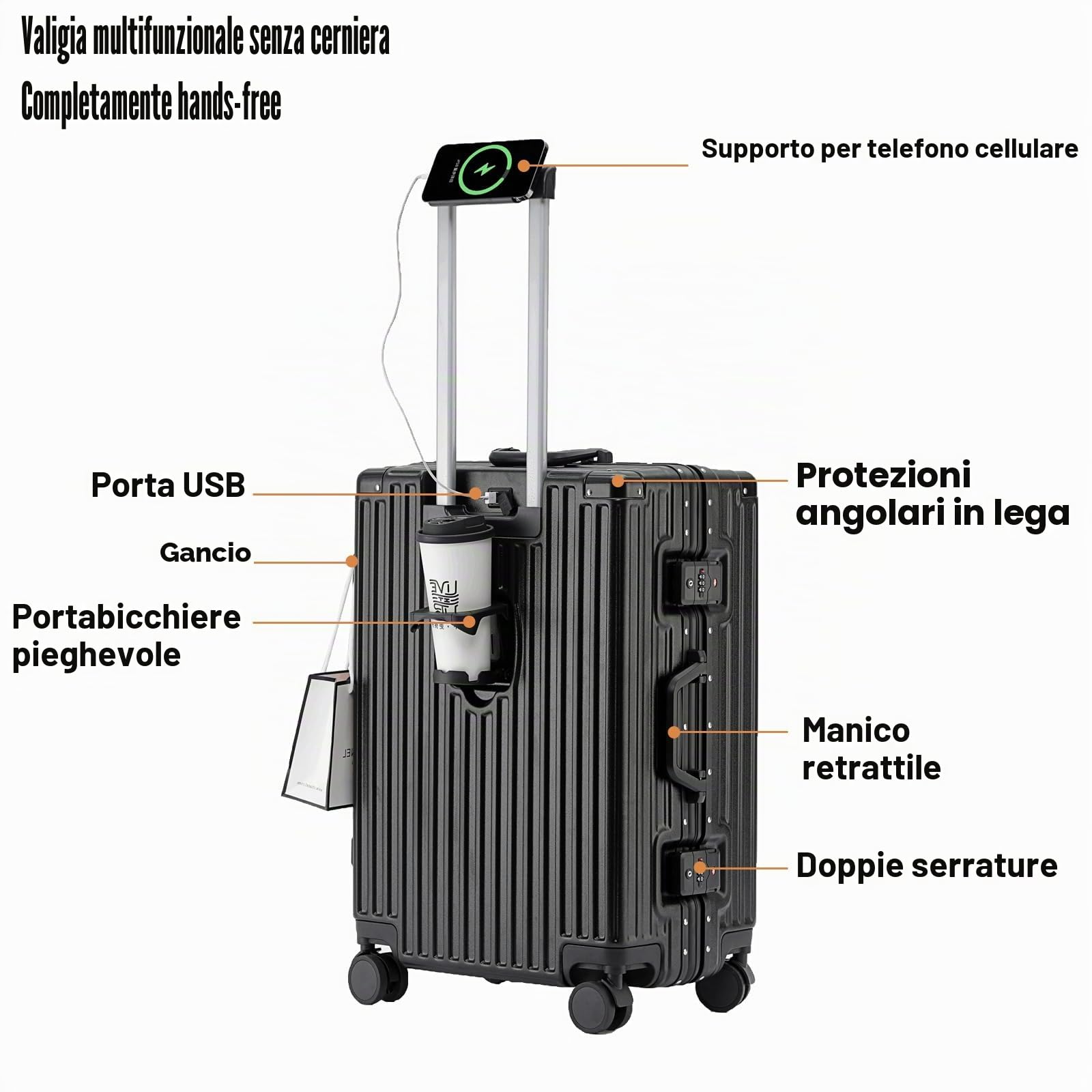 Piccola valigia espandibile bagaglio a mano valigia in alluminio Chiusura TSA incorporata con porta USB,Nero,20in