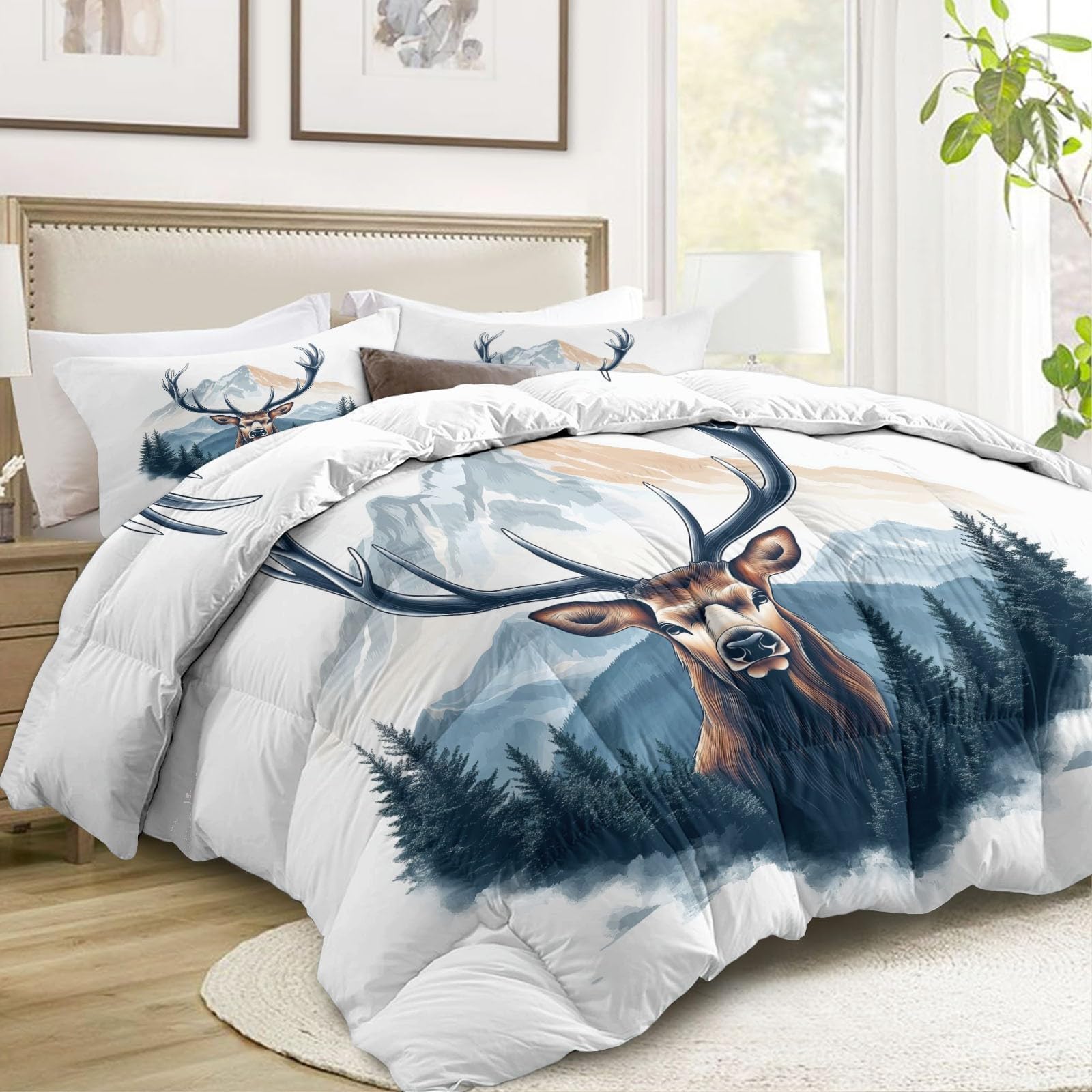Generisch Dwustronna biała kołdra bez poszewki 200 x 200 cm, miękka, lekka, dla chłopców i dziewczynek, akwarela, mgła leśna, łoś, kołdra pikowana, nadaje się do prania, całoroczna