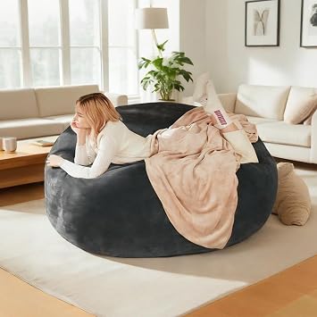 5FT Large Bean Bag Chair for Adults/Kids with Filling, Memory Foam Bean Bag Chair Bed with Filler Included and Removable Cover, Round Big Bean Bag Sofa with Velvet for Living Room Dark Gray, 5FT