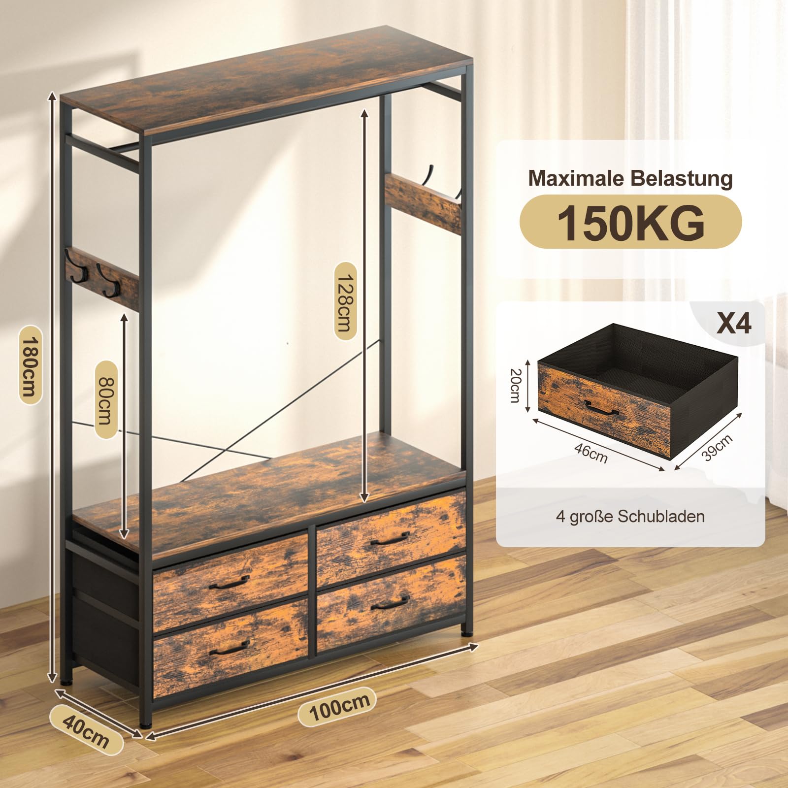 Yorbay Perchero de pie para colgar ropa, resistente con 4 cajones, 4 ganchos y estantes, almacenamiento para dormitorio y sala de estar