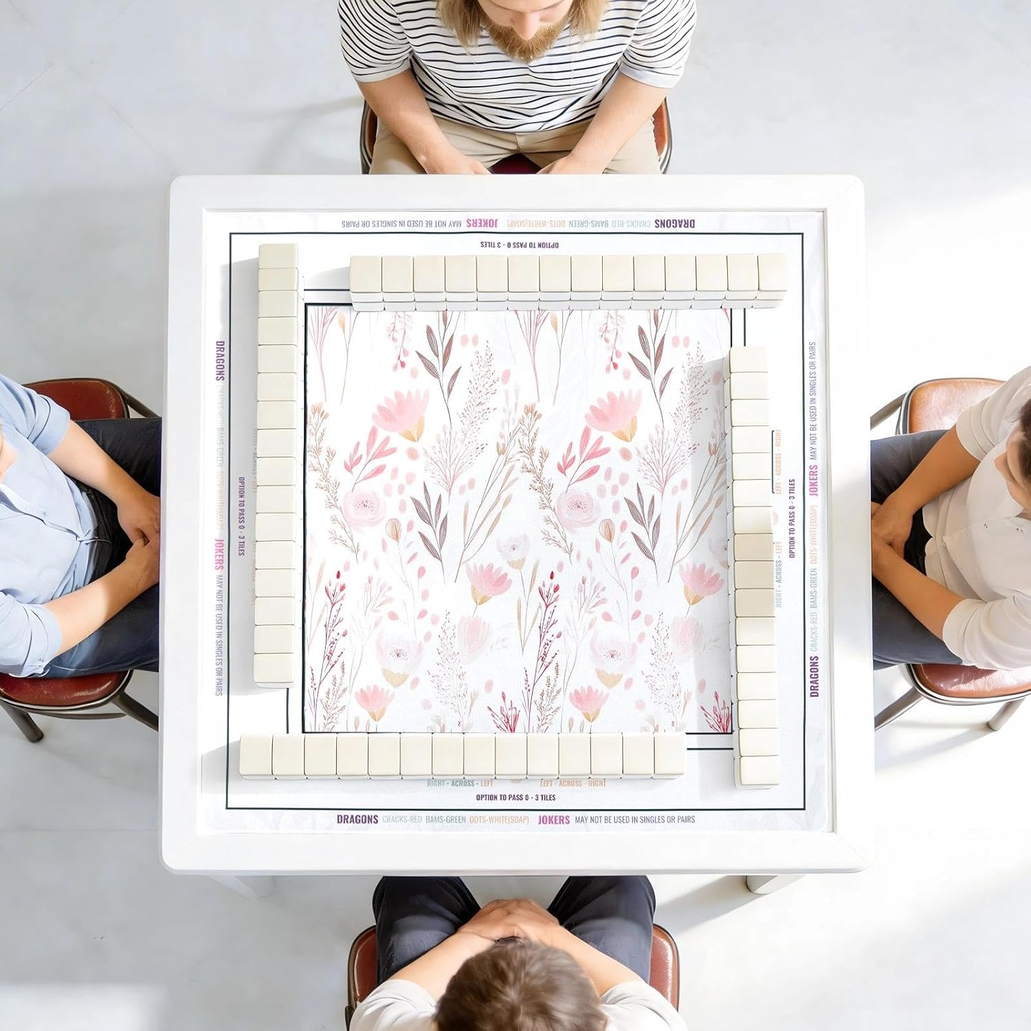 Yun-aeon Mahjong Mat 32.6"x32.6" - Aesthetic Soft Floral Pattern Non-Slip Mahjong Mat, Waterproof Table Protector for Card Games, Poker, Dominoes & Board Games, with Dice & Velvet Bag