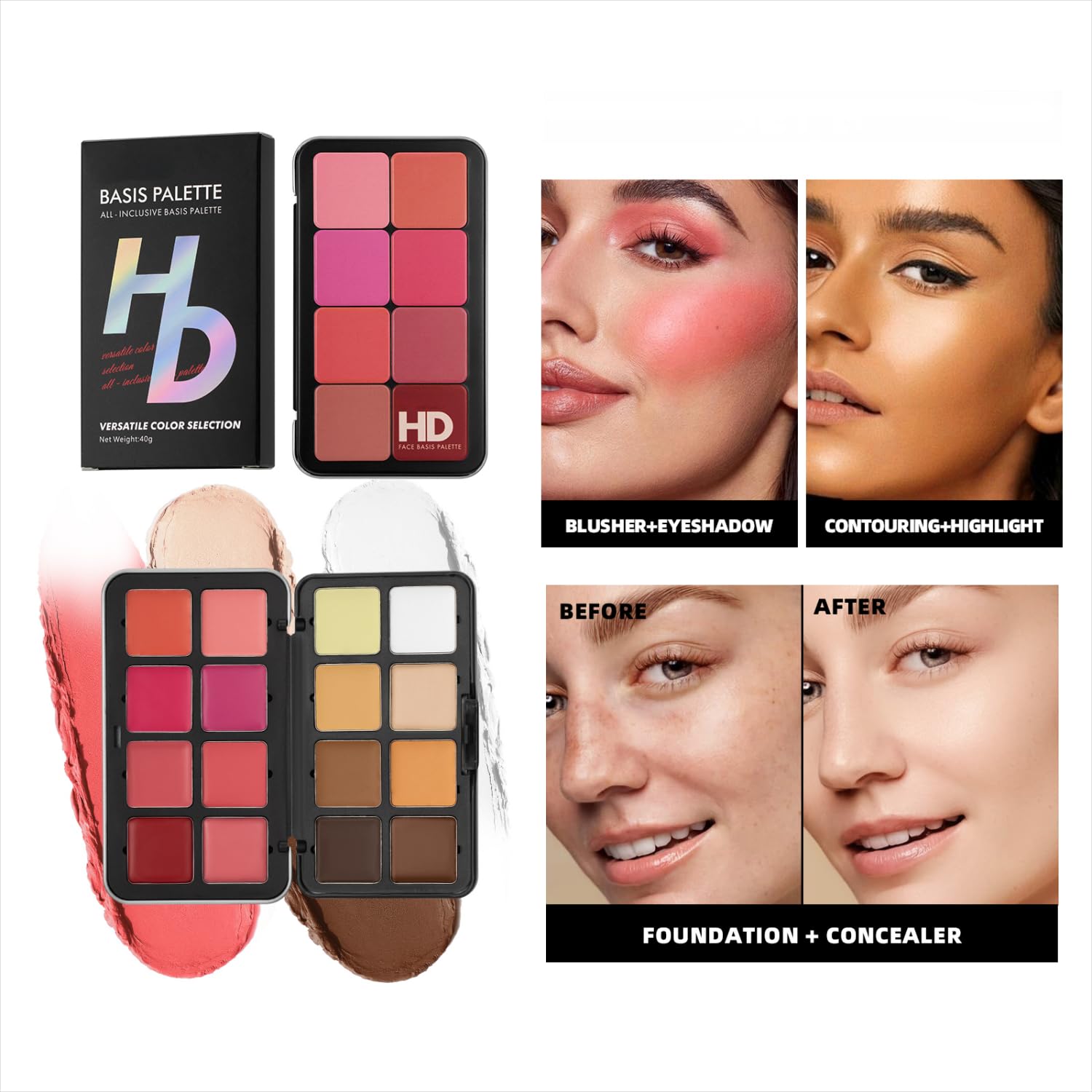 Paleta de sombra de ojos y rubor impermeable de 16 colores, de larga duración, a prueba de arrugas, corrector de cobertura completa y juego de maquillaje de contorno para iluminar, resaltar y acabado 5