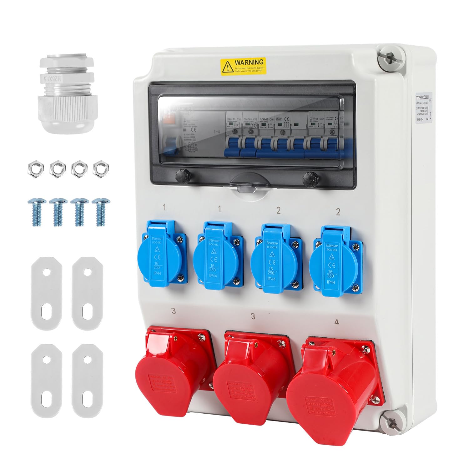 CEE Wandverteiler 32A mit FI, 4 Schuko, IP65 Gehäuse