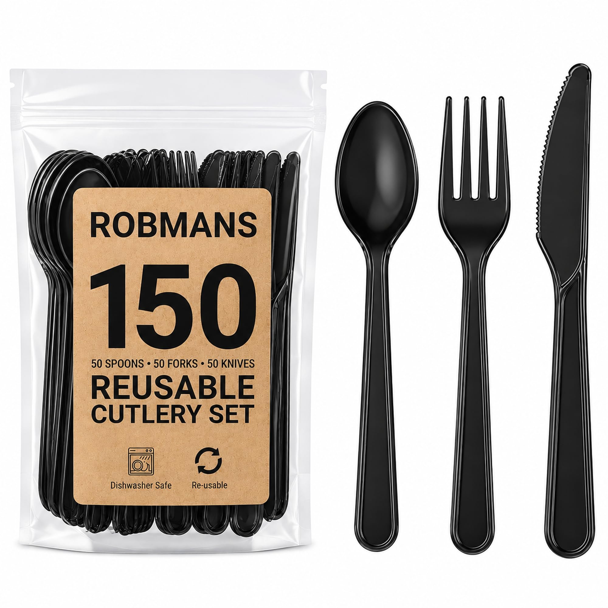 150 Pack Heavy Duty Black Reusable Cutlery Set – 50 Forks 50 Knives 50 Spoons – Reusable Party Cutlery for Weddings, BBQs, Buffets, Picnics & Camping – Dishwasher Safe