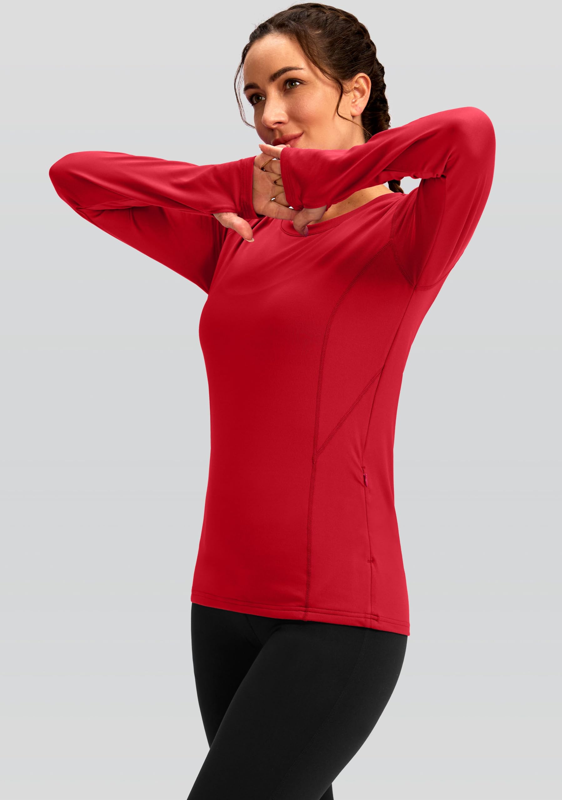 Camiseta térmica de forro polar para mujer, manga larga, para entrenamiento, correr, capa base atlética, con agujeros para el pulgar y bolsillo con cremallera