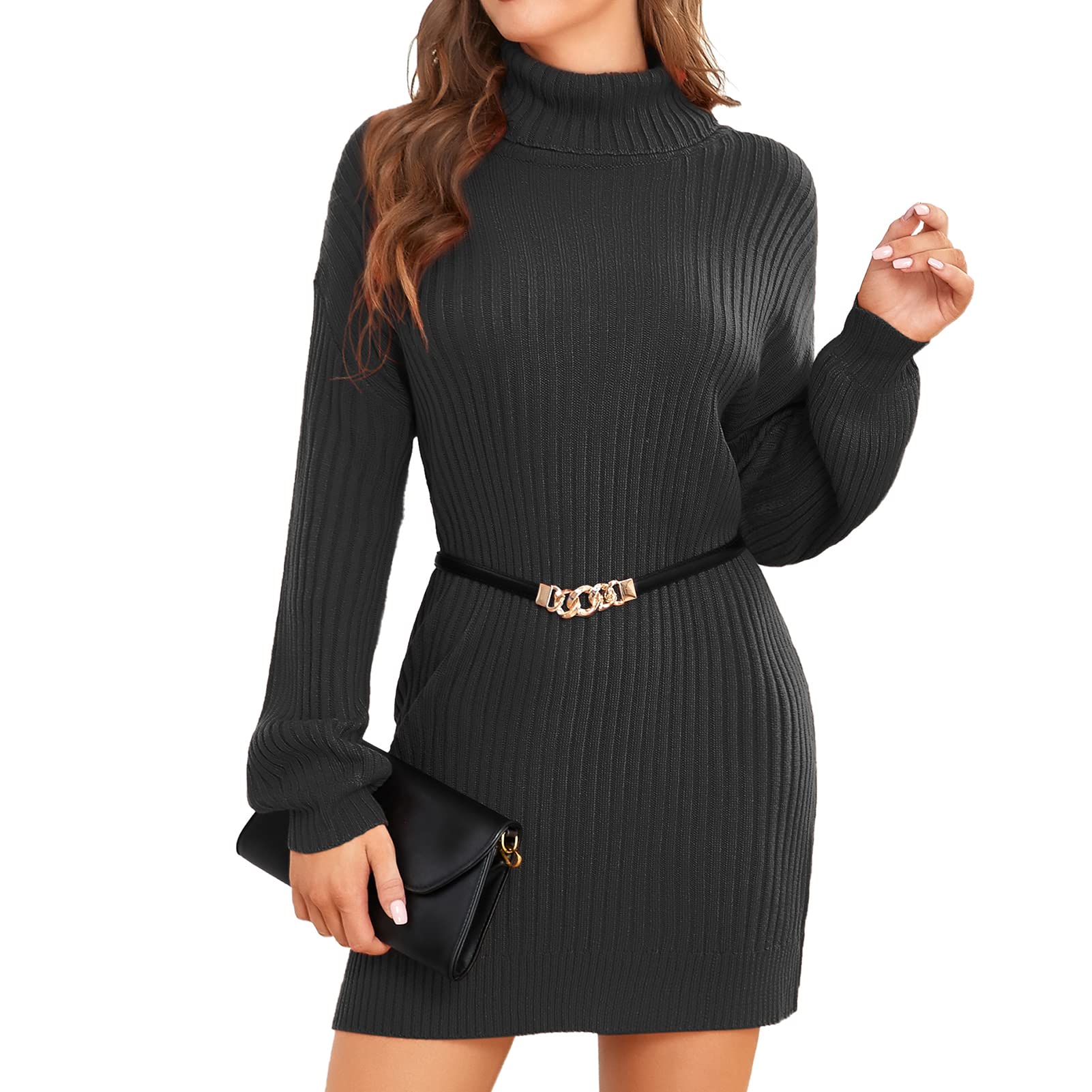 Robe Pull à Col Roulé Robe Pull Femme Manches Bouffantes Robe Pull en Tricot Côtelé Robe Pull en Tricot Mi-Long Robe Pull Ample Décontractée à Manches Longues pour L'automne Hiver(M-Le Noir)