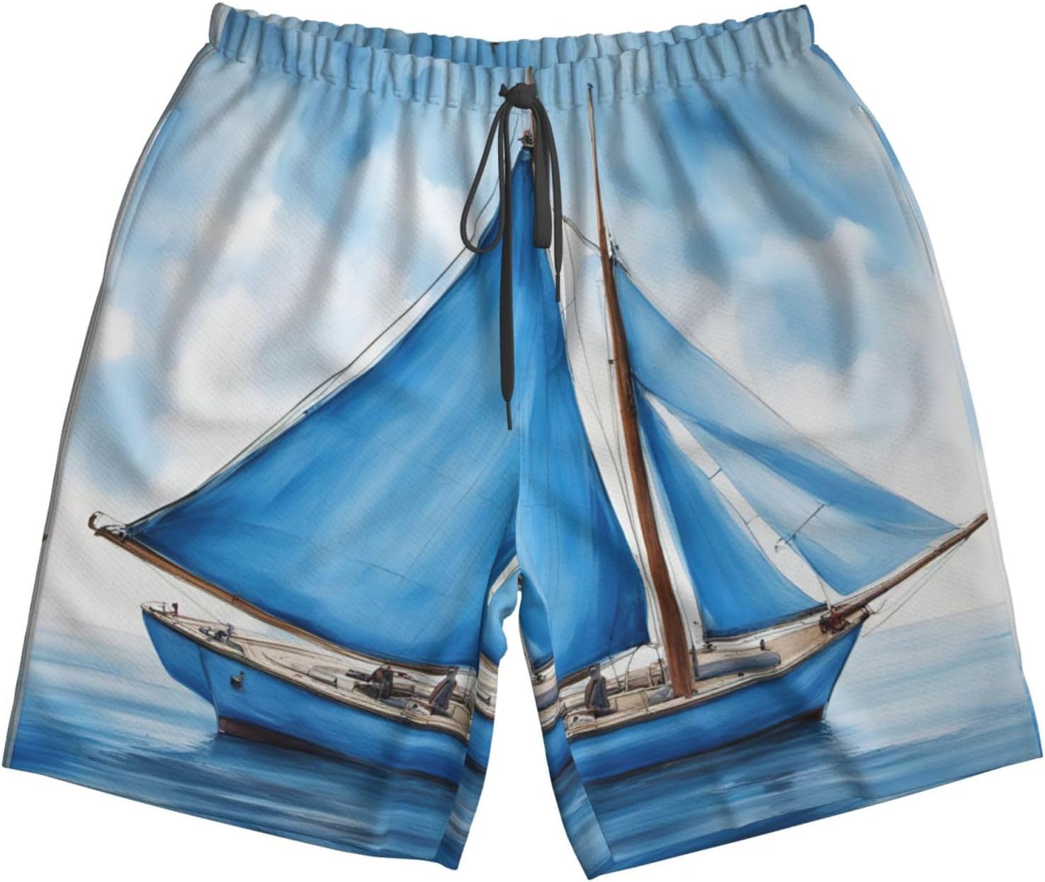 Blue Sailboat Print Men's Quick-Drying Shorts Casual Beach Pants Stretch Waist Shorts and Pockets