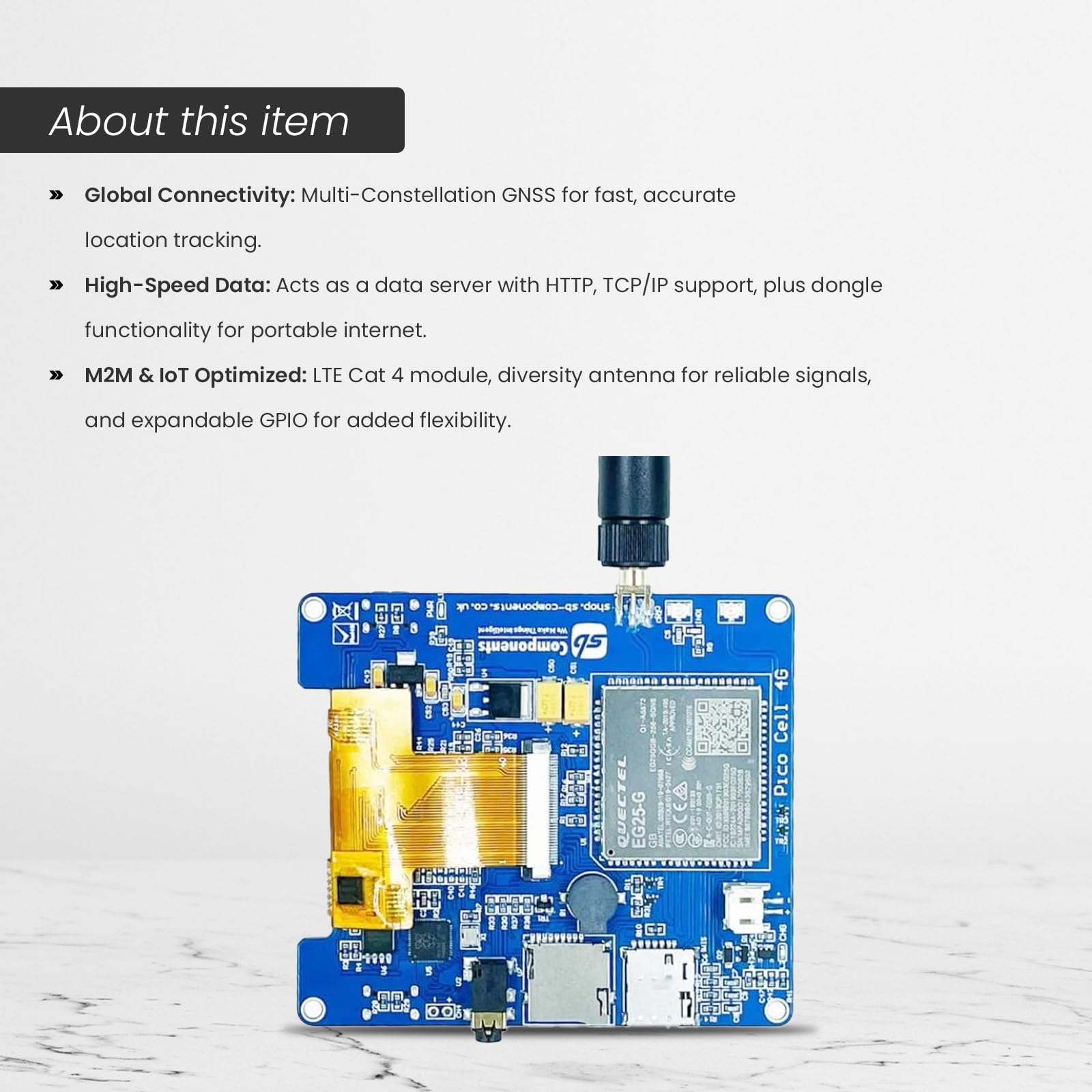 SB COMPONENTS Pico Cell 4G con antenna Alimentato dal chip RP2040 e modulo cellulare Quectel EG25-G 4G LTE a 32 bit doppio ARM Cortex-M0+ microcontrollore che vanta 8 MB per connettività e creatività