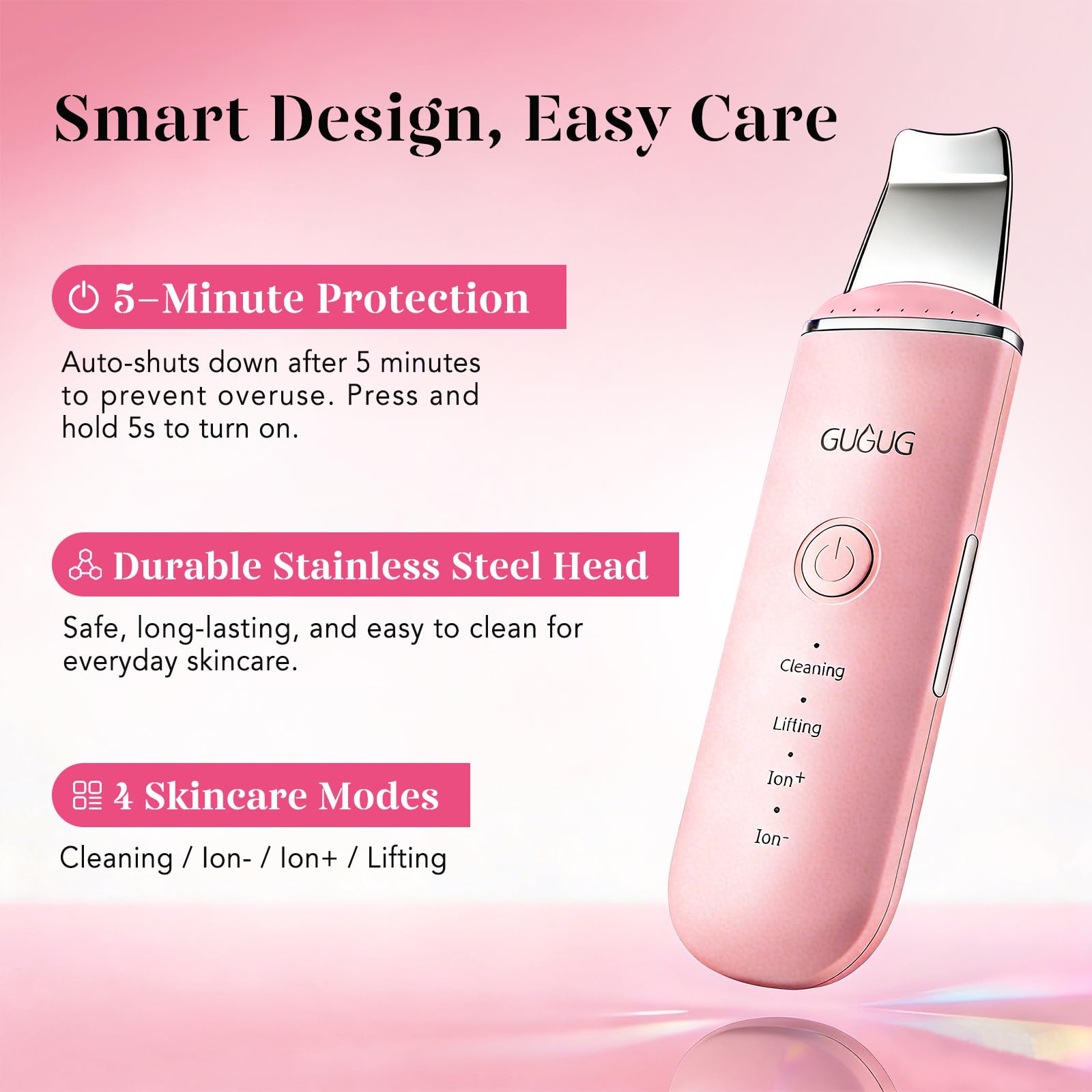 GUGUG Skin Scrubber Spatula Pore Cleaner Blackhead Remover,4 Modes,Pink view 6
