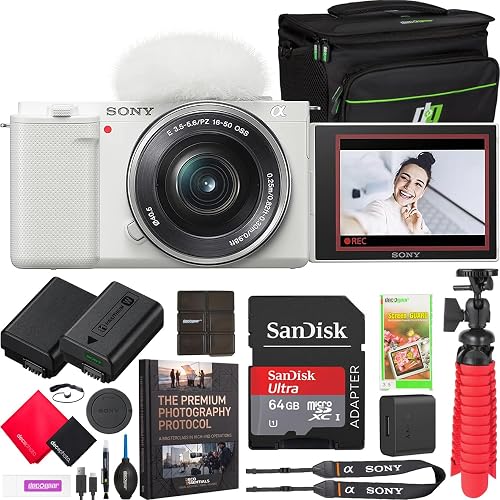 Sony ZV-E10 Mirrorless Alpha APS-C Vlog Camera Body and 16-50mm F3.5-5.6 Zoom Lens ILCZV-E10L/W White Bundle with Deco Gear Photography Case + Extra Battery + Photo Video Software & Accessories Kit
