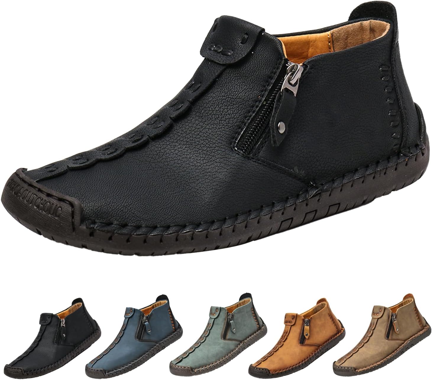Men's Mid-Top Outdoor Chukka Boots,Vintage Comfort Hand-Stitching Leather Waterproof Non-slip Zipper Travel Hiking Shoes