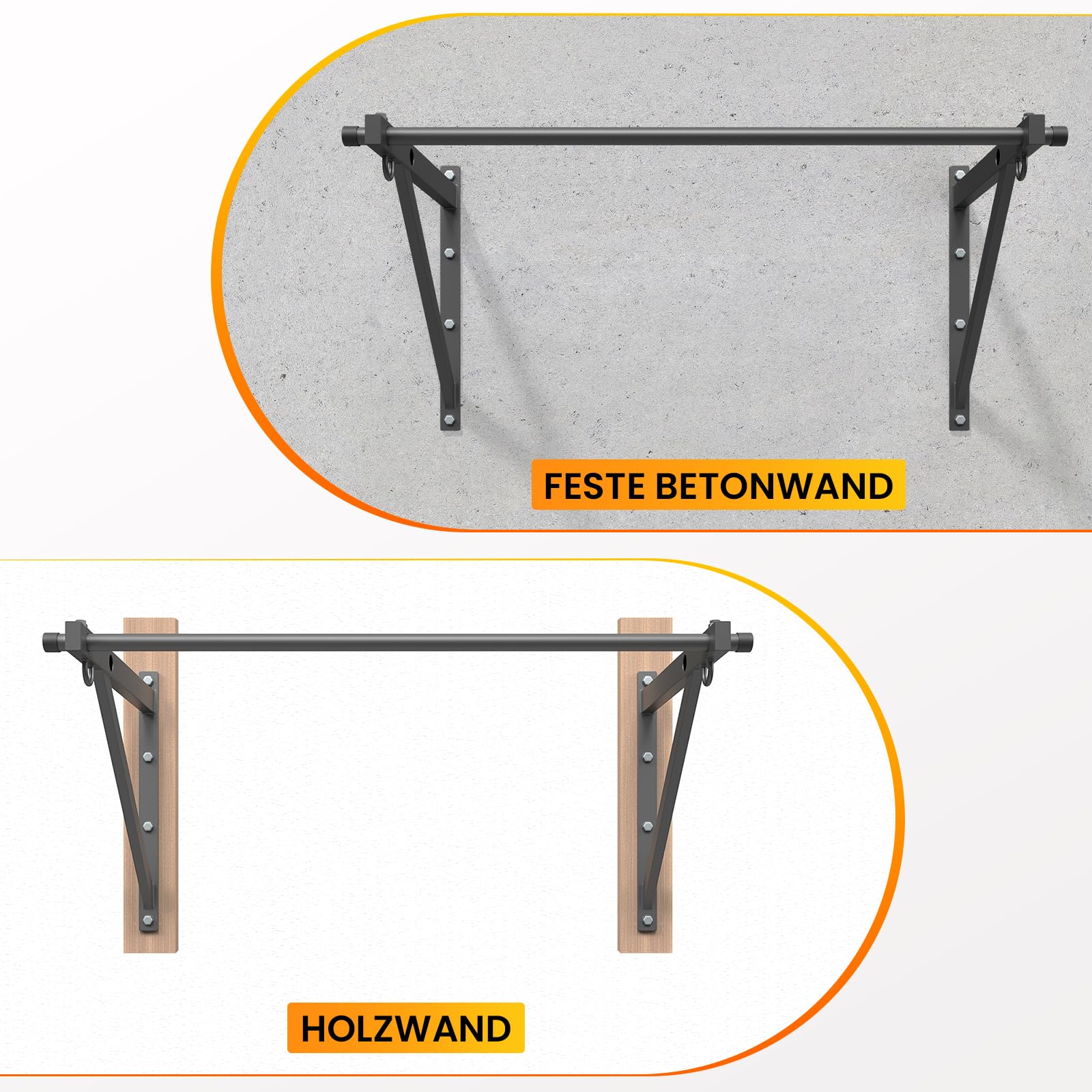 Jusgym Klimmzugstange Wandmontage 130 cm, Pull Up Bar 250 kg Tragfähigkeit, Klimmzugstangen für Krafttraining zuhause, Garage – einfache Montage, schwere Ausführung, Trainingsstation