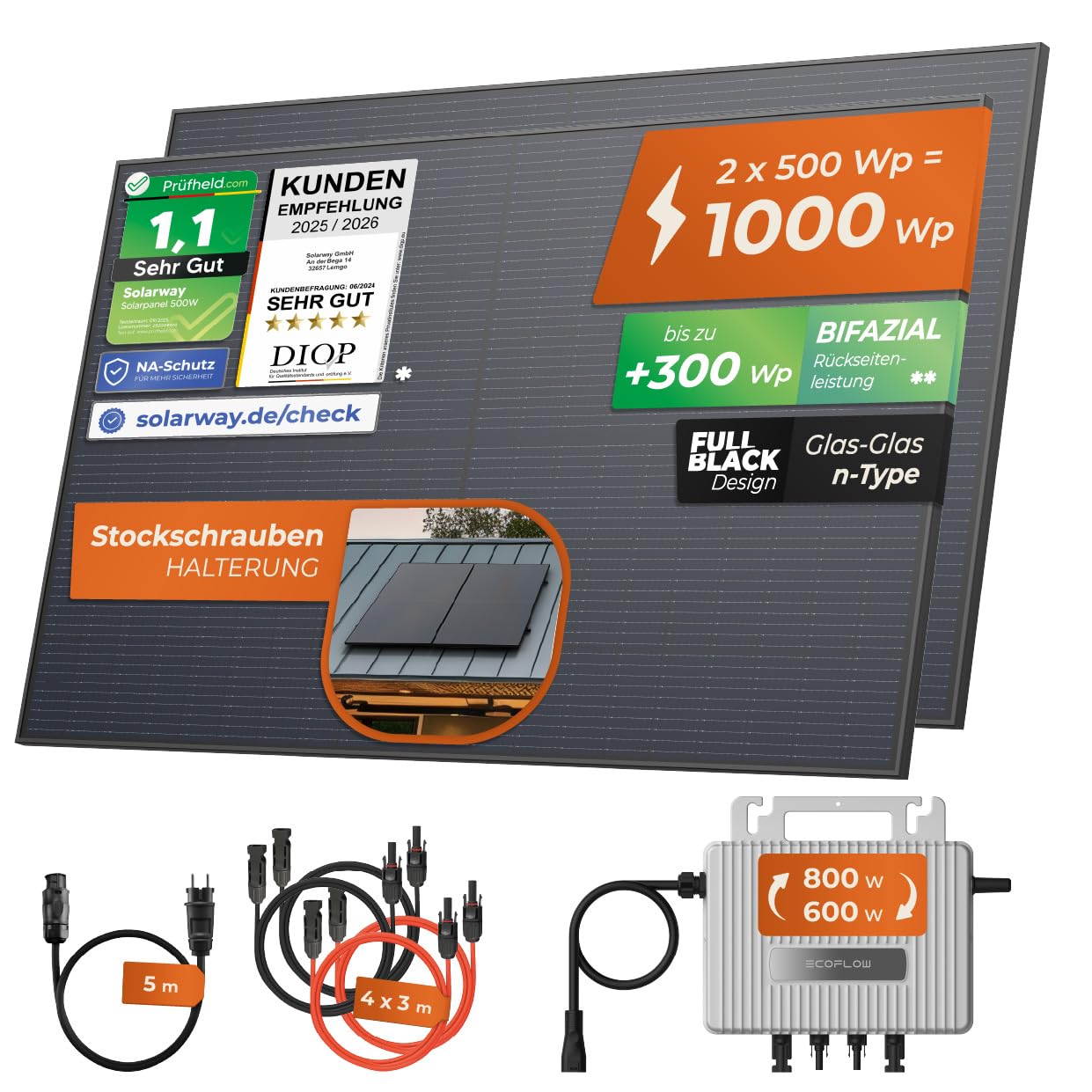 Solarway® 1000 Wp / 800 W Centrale elettrica da balcone con presa completa – Inverter EcoFlow Stream 800 Watt – Sistema solare completo – 500 W bifacciale Black Modulle & EcoFlow & Accessori