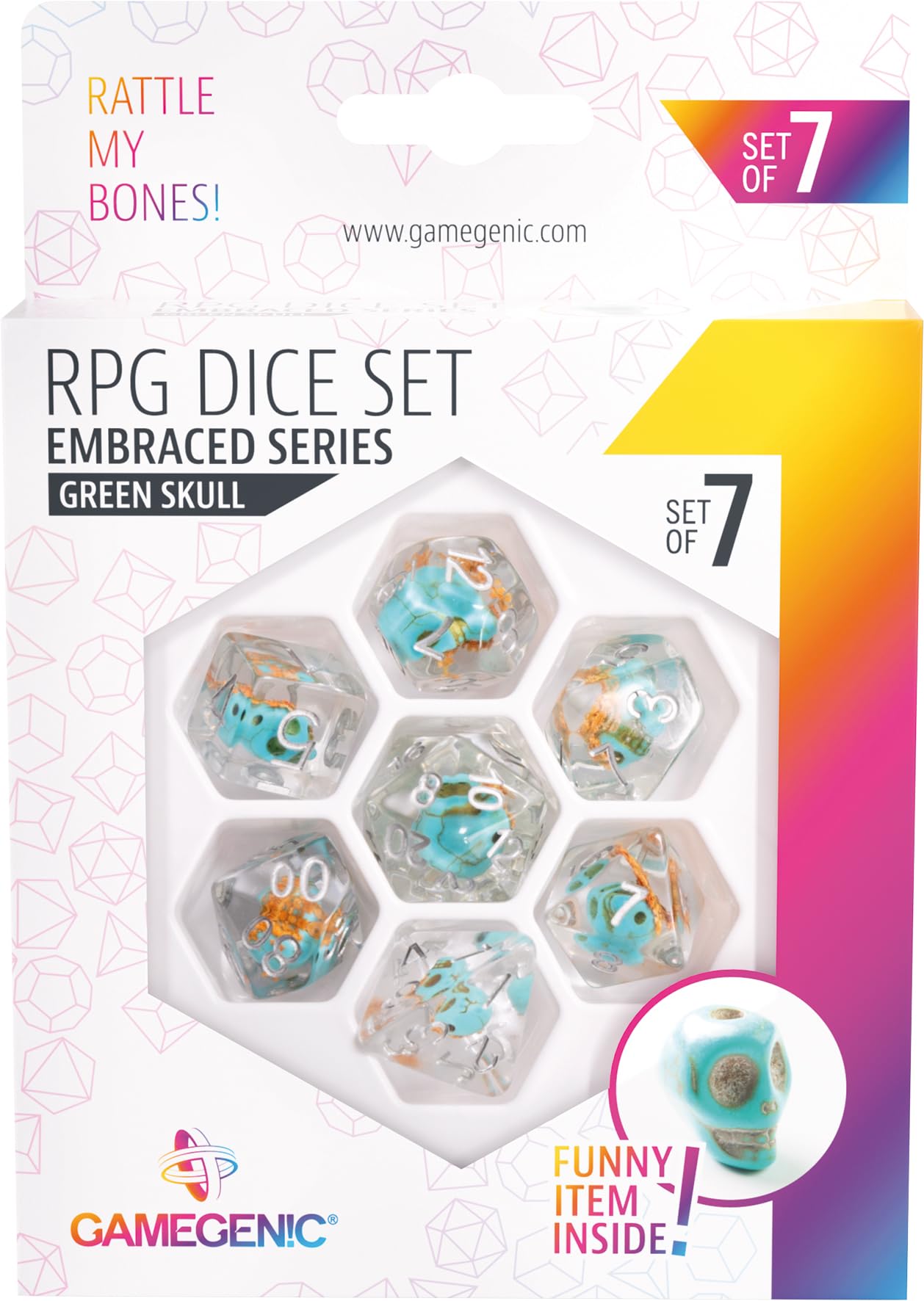 Gamegenic - Zestaw kości do gry w kości do roli Green Skull (7 sztuk)