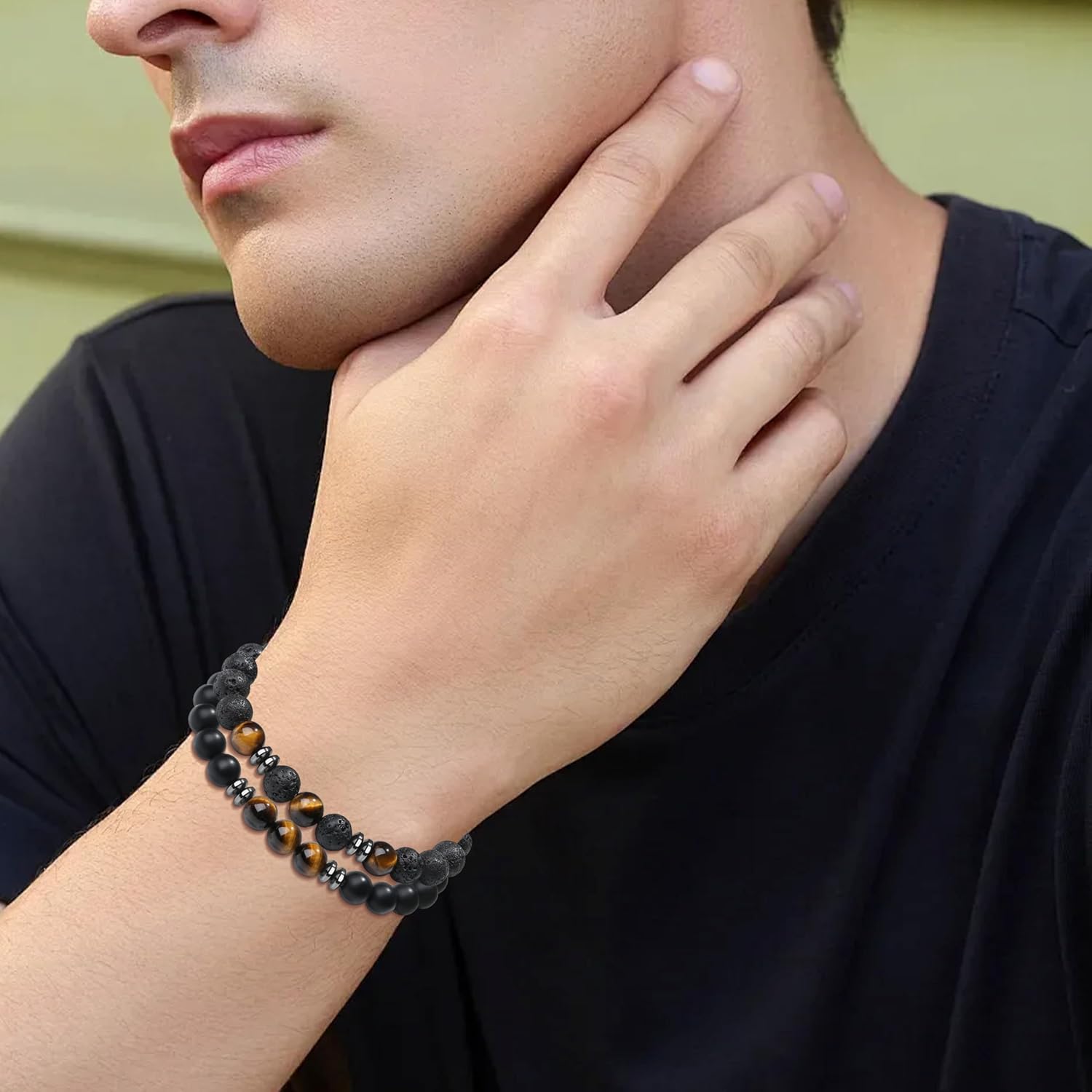 XIANNVXI Mens Beaded Bracelet Set Natural Stone 8mm Beads Bracelets for Men Red Black Bead Stretch Bracelet for Mens - Image 4