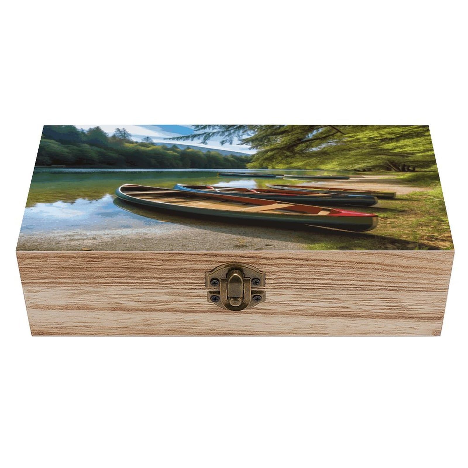 JTREHY Lake with Boats Canoes Park Wooden Keepsake Box Vintage-Style Wood Keepsake Case with Hinged Lid Solid Wood Boxes Beautifully Memory Treasure Case Vintage-Style Wooden Storage Box