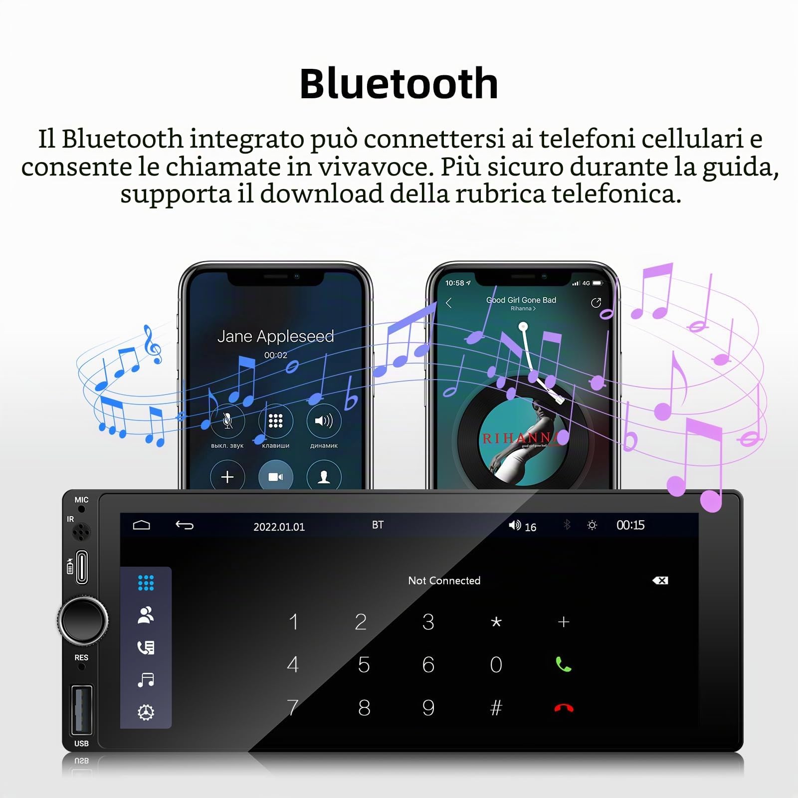 Autoradio 1 Din 6.86 Pollici con CarPlay e Android Auto Wireless Bluetooth | Schermo IPS MP5 fotocamera posteriore radio FM AM USB-C ricarica rapida e controllo volante per guida quotidiana