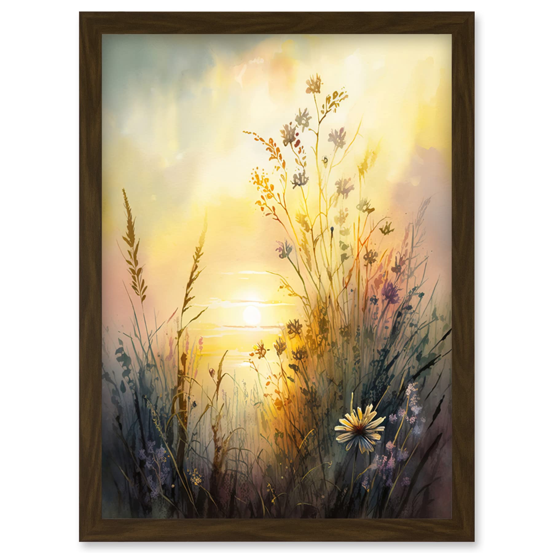 Artery8 Wildflower by Lakeside on a Misty Morning Sunrise Modern Watercolour Painting Artwork Framed Wall Art Print A4